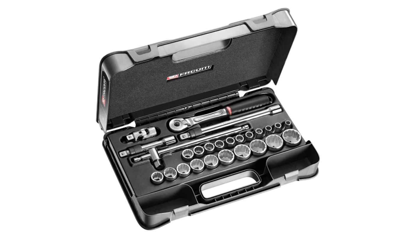 Facom 26-Piece Metric 1/2 in Standard Socket Set with Ratchet, 12 point