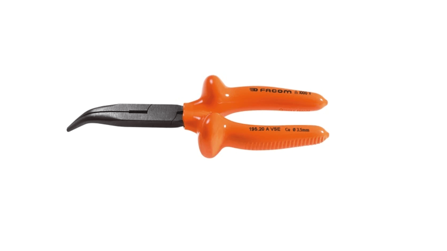 Facom Round Nose Pliers, 200 mm Overall, Straight Tip, VDE/1000V, 64mm Jaw