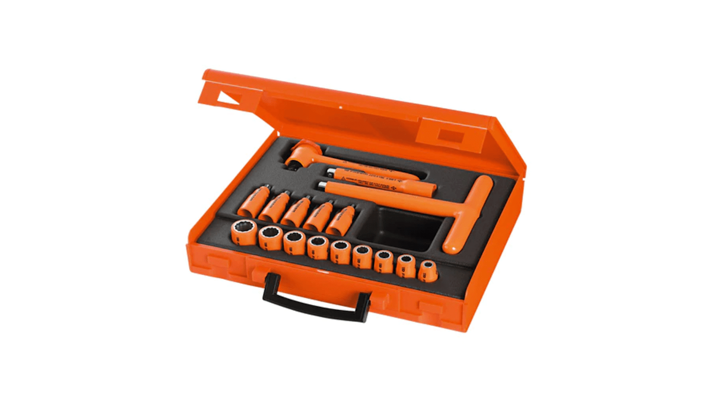 Facom 17-Piece Metric 3/8 in Standard Socket/Bit Set with Ratchet, 12 point; Hex Bit, VDE/1000V