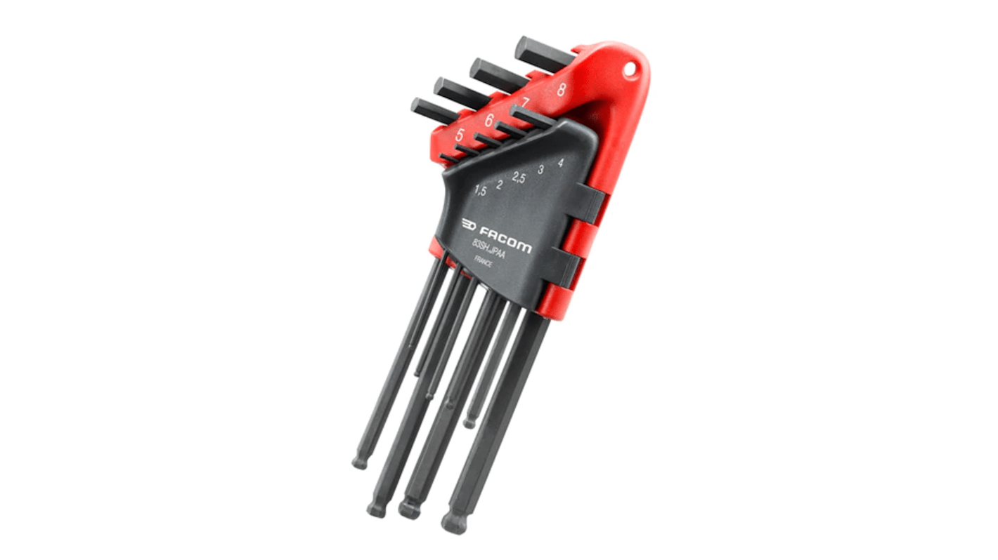 Facom 9 piece L Shape Metric Hex Key Set, 1.5 mm, 2.5 mm, 2 mm, 3 mm, 4 mm, 5 mm, 6 mm, 7 mm, 8 mm