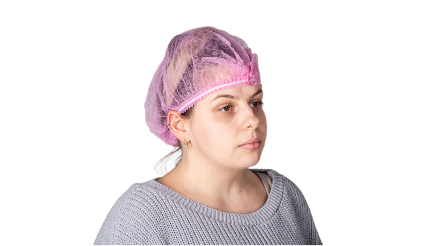 Reldeen Pink Disposable Hair Cap for Food Industry Use, 52 cm, Mob Cap Type, Non-Metal Detectable