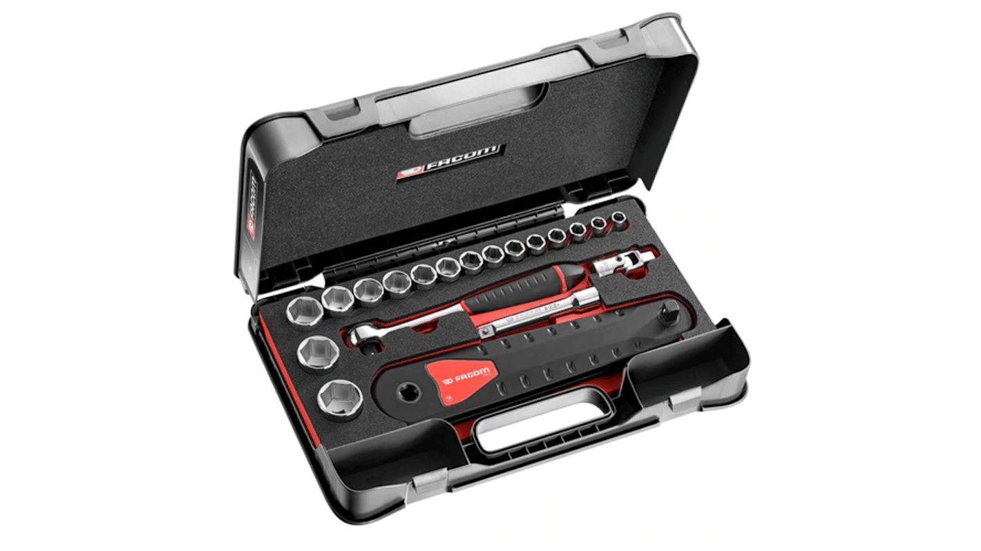 Facom 20-Piece Metric 1/2 in Standard Socket Set with Ratchet, 6 point