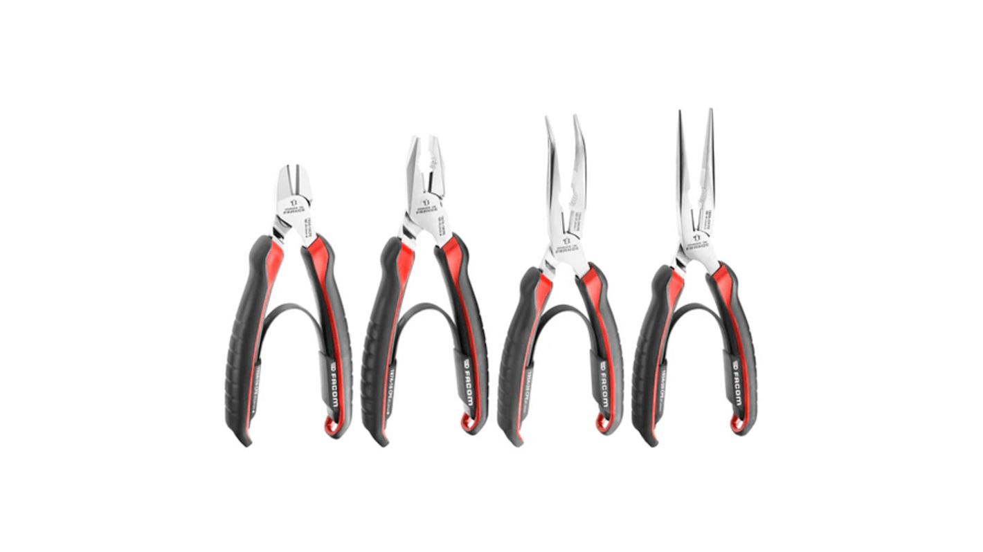 Facom 4-Piece Plier Set, Angled, Straight Tip, 160 mm, 180 mm, 200 mm Overall