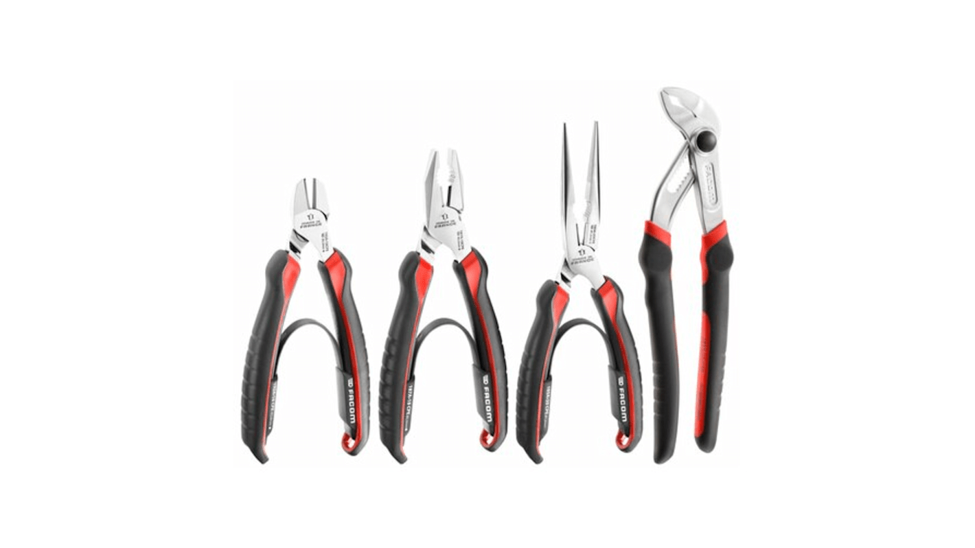 Facom 4-Piece Plier Set, Angled, Straight Tip, 160 mm, 185 mm, 200 mm, 245 mm Overall