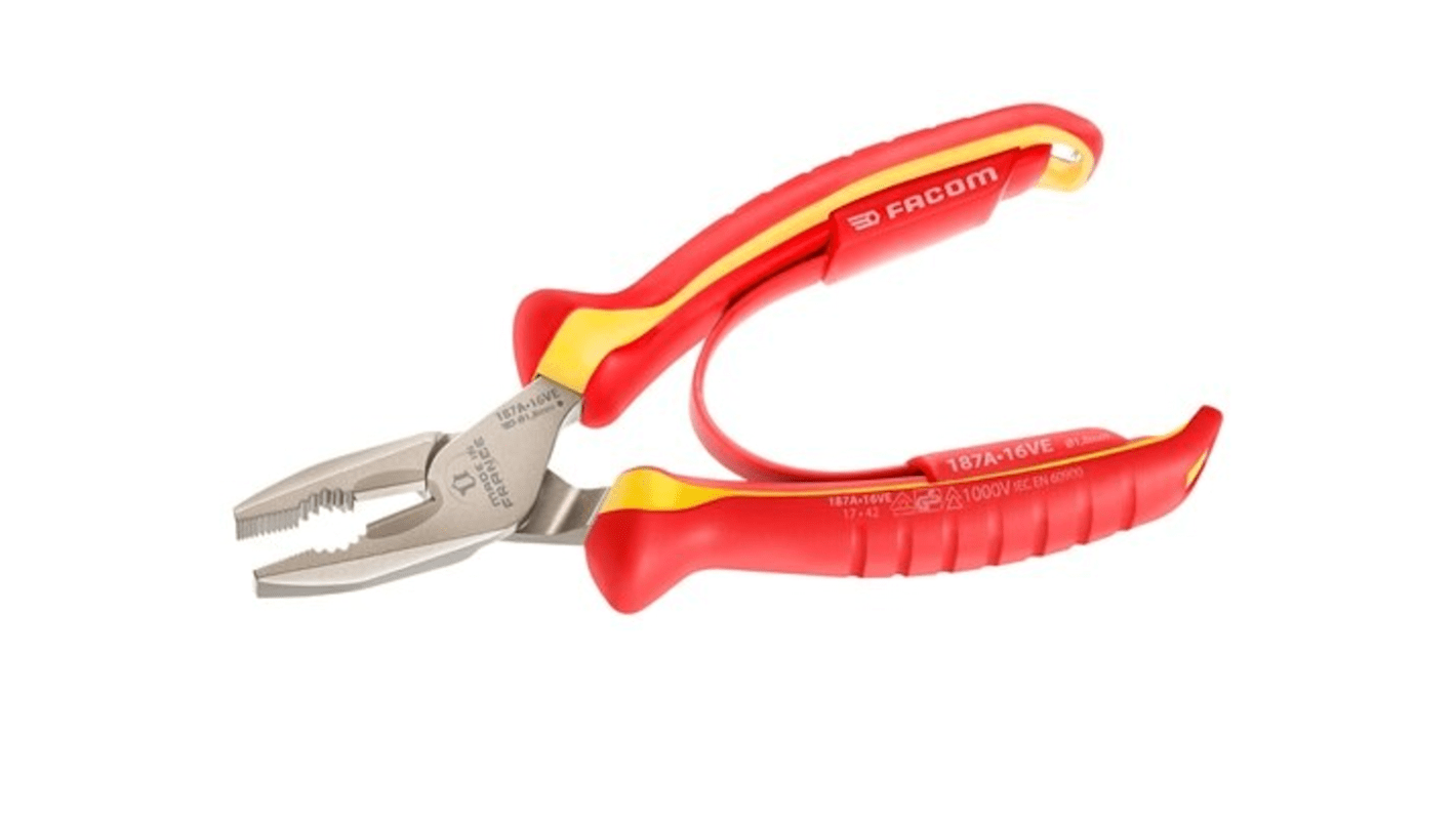 Facom Combination Pliers, 165 mm Overall, Flat Tip, VDE/1000V