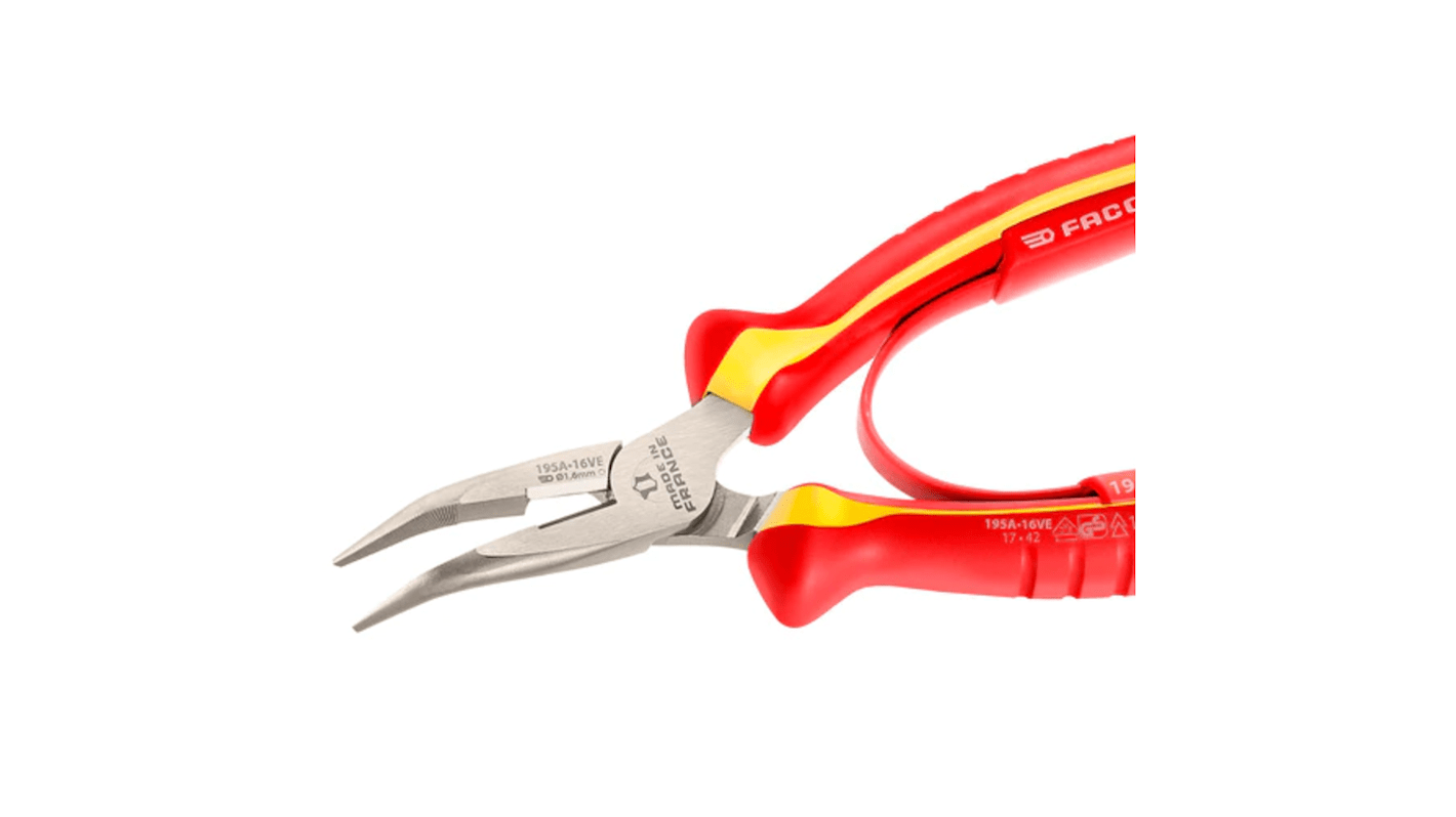 Facom Round Nose Pliers, 160 mm Overall, Angled Tip, VDE/1000V, 50mm Jaw