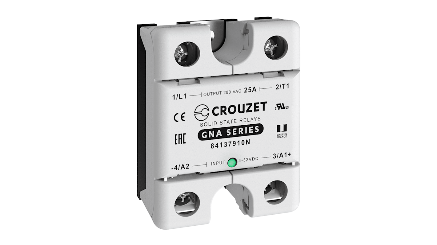 Crouzet Halvlederrelæ, Panelmontering-montering, Maks. 280 V ac/dc, 25 A RMS, Nulgennemgang