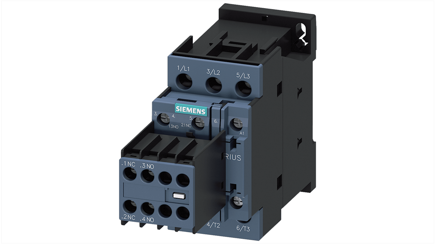 Contattore Siemens, serie 3RT2, 3 poli, 2 NC, 2 NA, 17 A, 7,5 kW, bobina 24 V c.a.