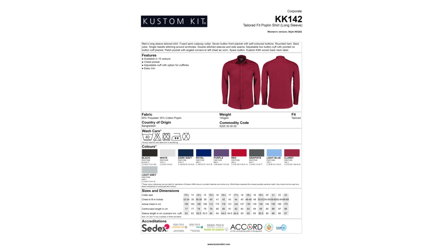 Kustom Kit KK142 Graphite 35% Cotton, 65% Polyester Work Shirt, UK 16in