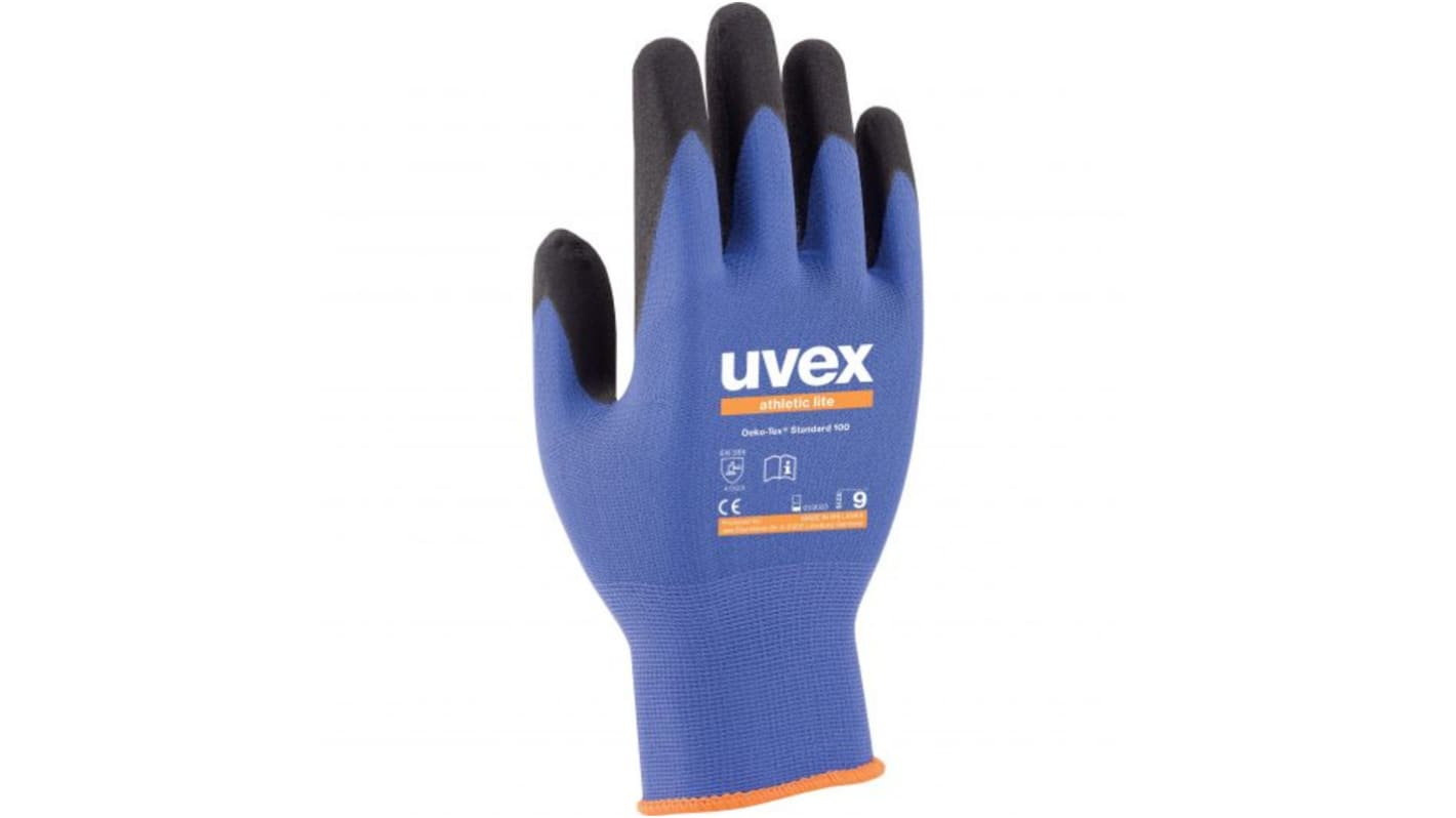 Uvex Uvex Athletic Black, Blue, Grey Elastane, Polyamide Damp Environment Gloves, Size 9, Microfoam Coating