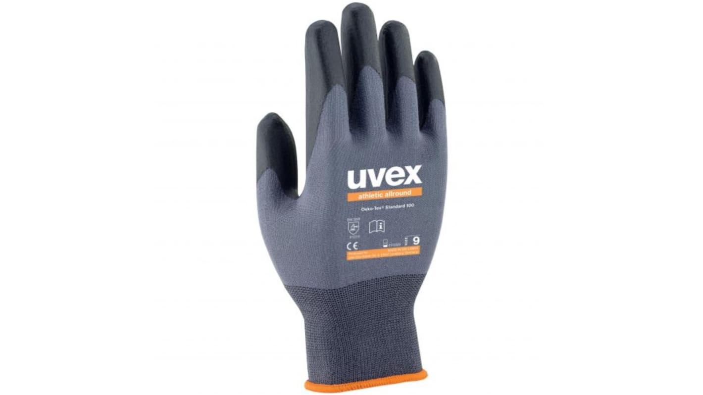Uvex Uvex Athletic Black, Grey Elastane, Polyamide Damp Environment Gloves, Size 8, Medium, NBR Coating