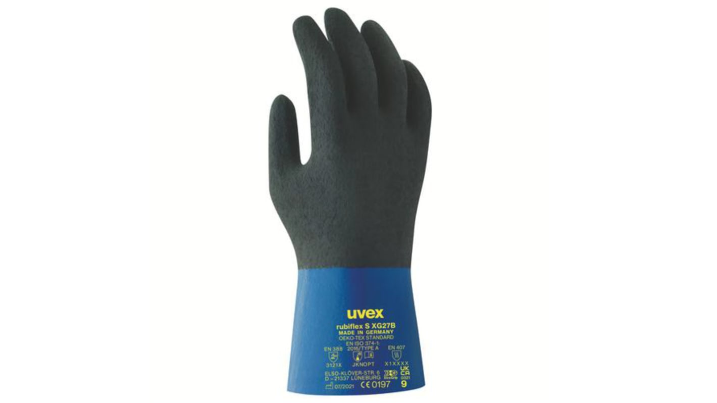 Guantes de Algodón Negro/azul Uvex serie Uvex Rubiflex S, talla 9, con recubrimiento de NBR, Resistente a sustancias