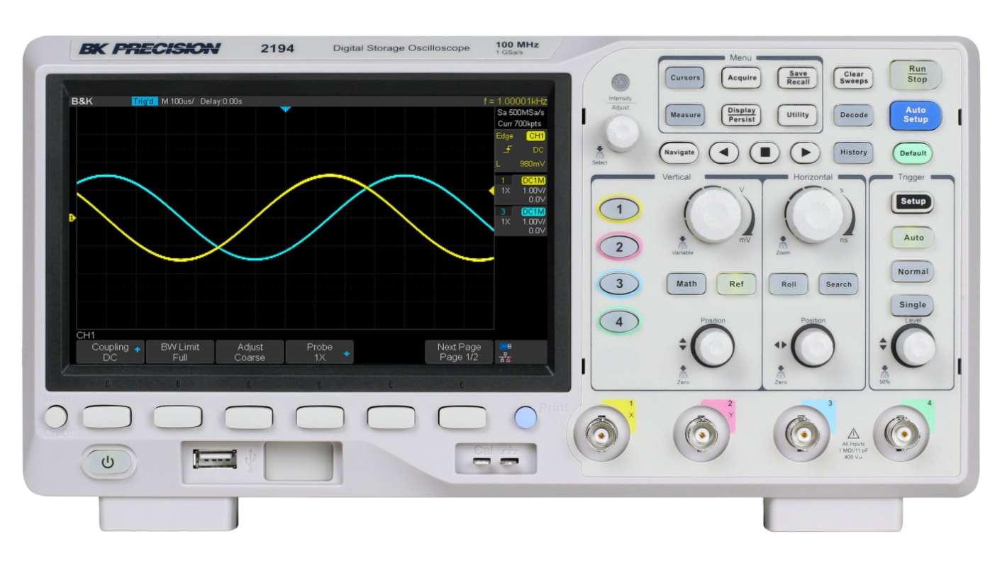 BK Precision 100MHz Oscilloskop, 4-kanal analog, Bordmodel, UKAS kalibreret