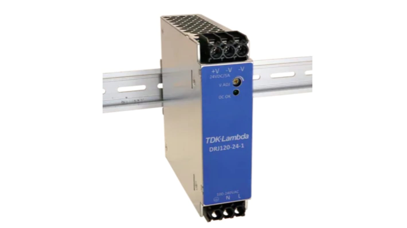 TDK-Lambda DRJ DIN Rail Power Supply, 85 → 264 V ac / 120 → 370V dc ac, dc Input, 24V dc dc Output, 5A