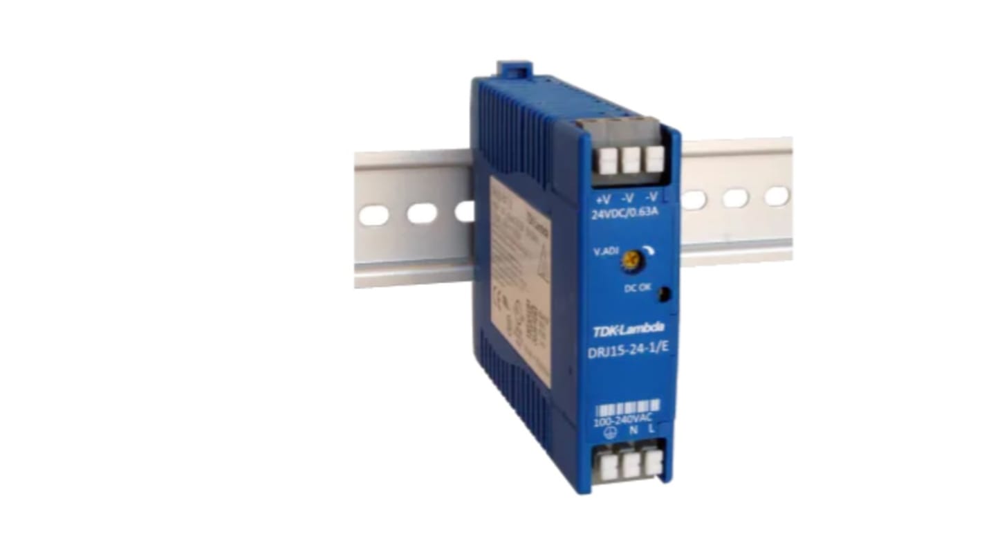 TDK-Lambda DRJ DIN Rail Power Supply, 85 → 265 V ac / 120 → 370V dc ac, dc Input, 24V dc dc Output, 630mA