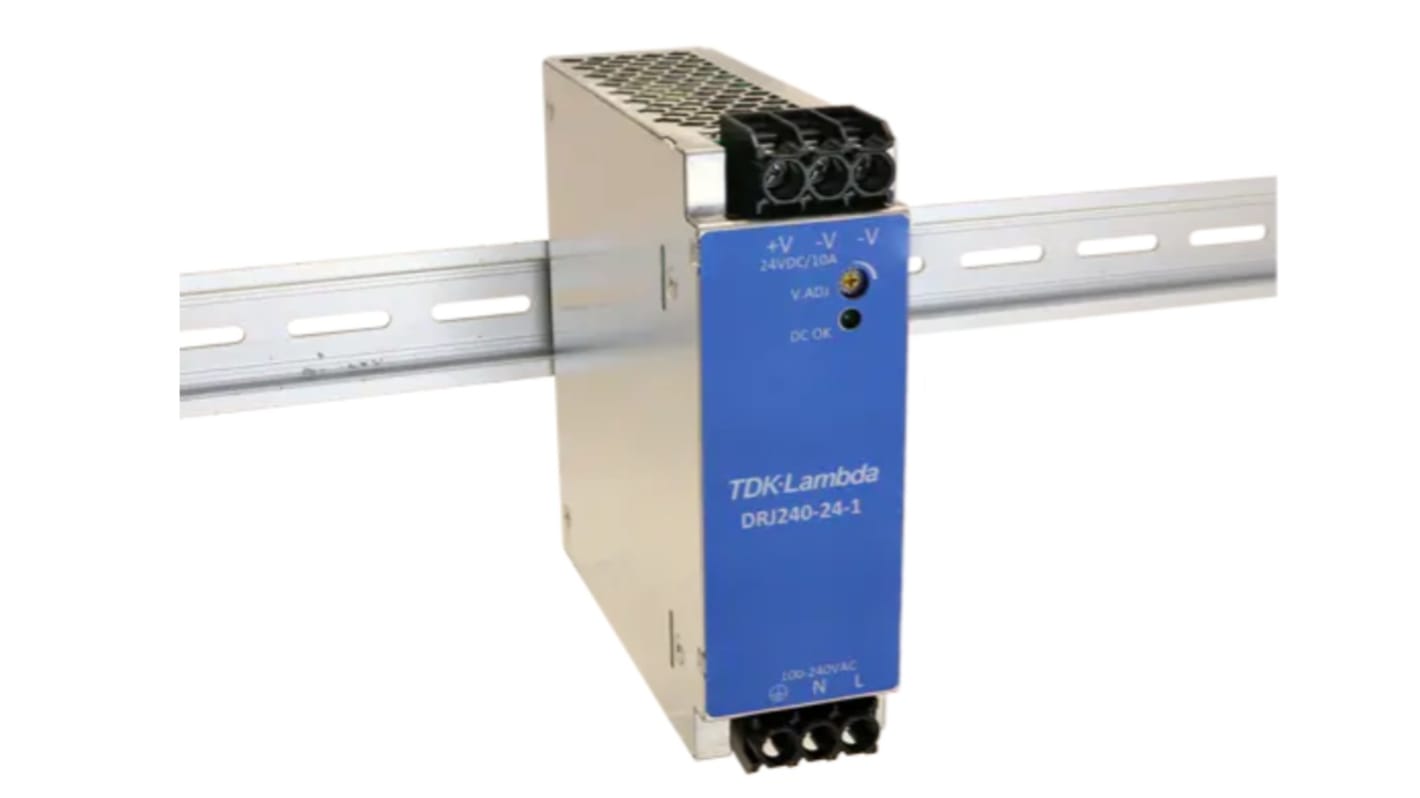 TDK-Lambda DRJ DIN Rail Power Supply, 85 → 264 V ac / 120 → 370V dc ac, dc Input, 24V dc dc Output, 10A