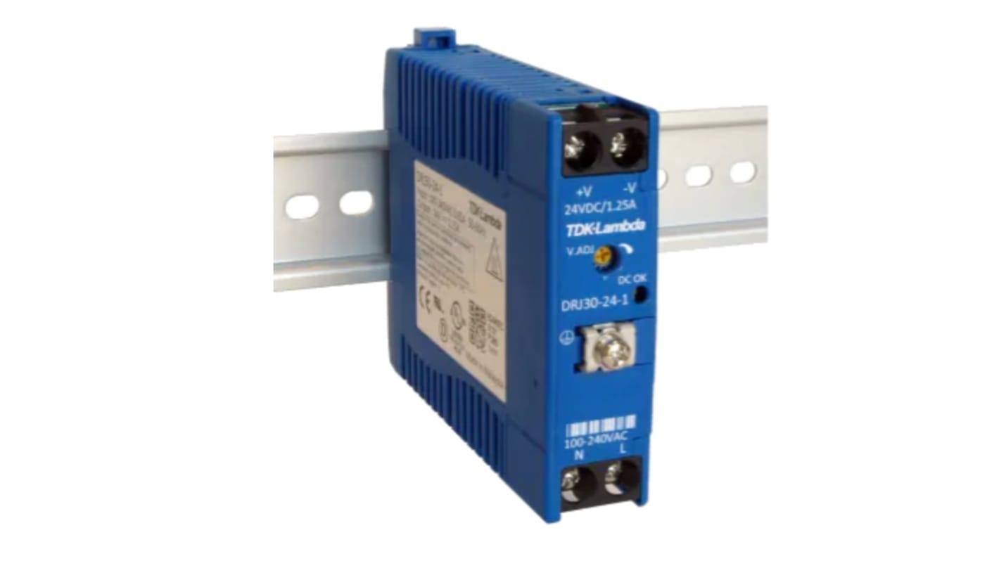 TDK-Lambda DRJ DIN Rail Power Supply, 85 → 264 V ac / 120 → 370V dc ac, dc Input, 24V dc dc Output, 1.24A