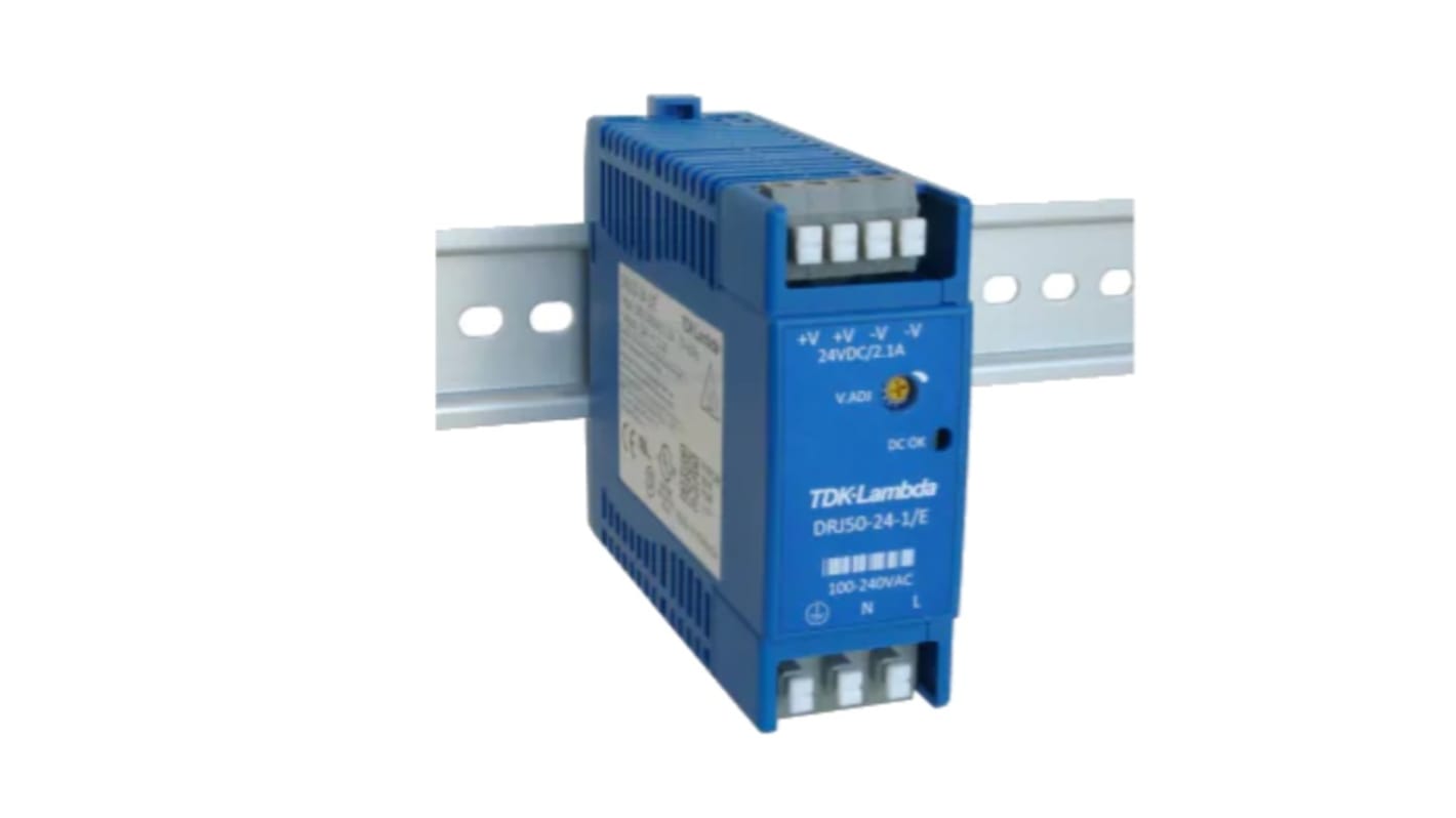 TDK-Lambda DRJ DIN Rail Power Supply, 85 → 264 V ac / 120 → 370V dc ac, dc Input, 24V dc dc Output, 2.1A