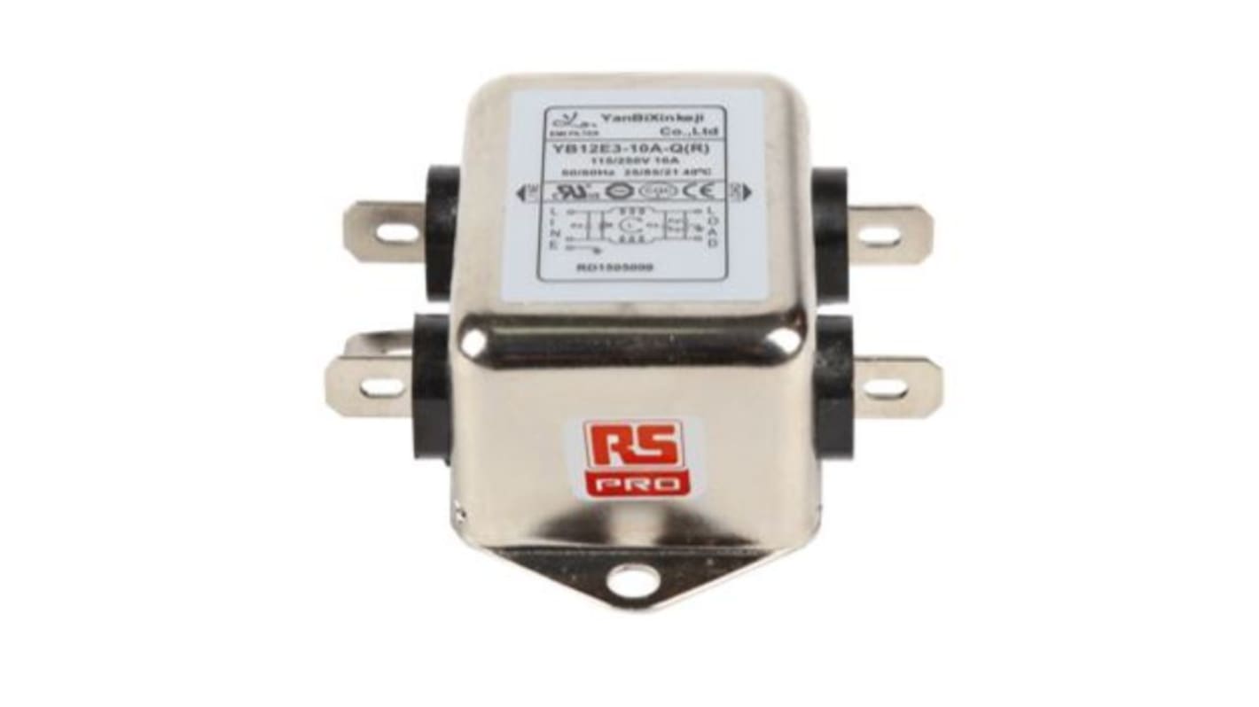 RS PRO 10A 115/250 V ac 50/60Hz, Chassis Mount Power Line Filter, Fast-On, Single Phase