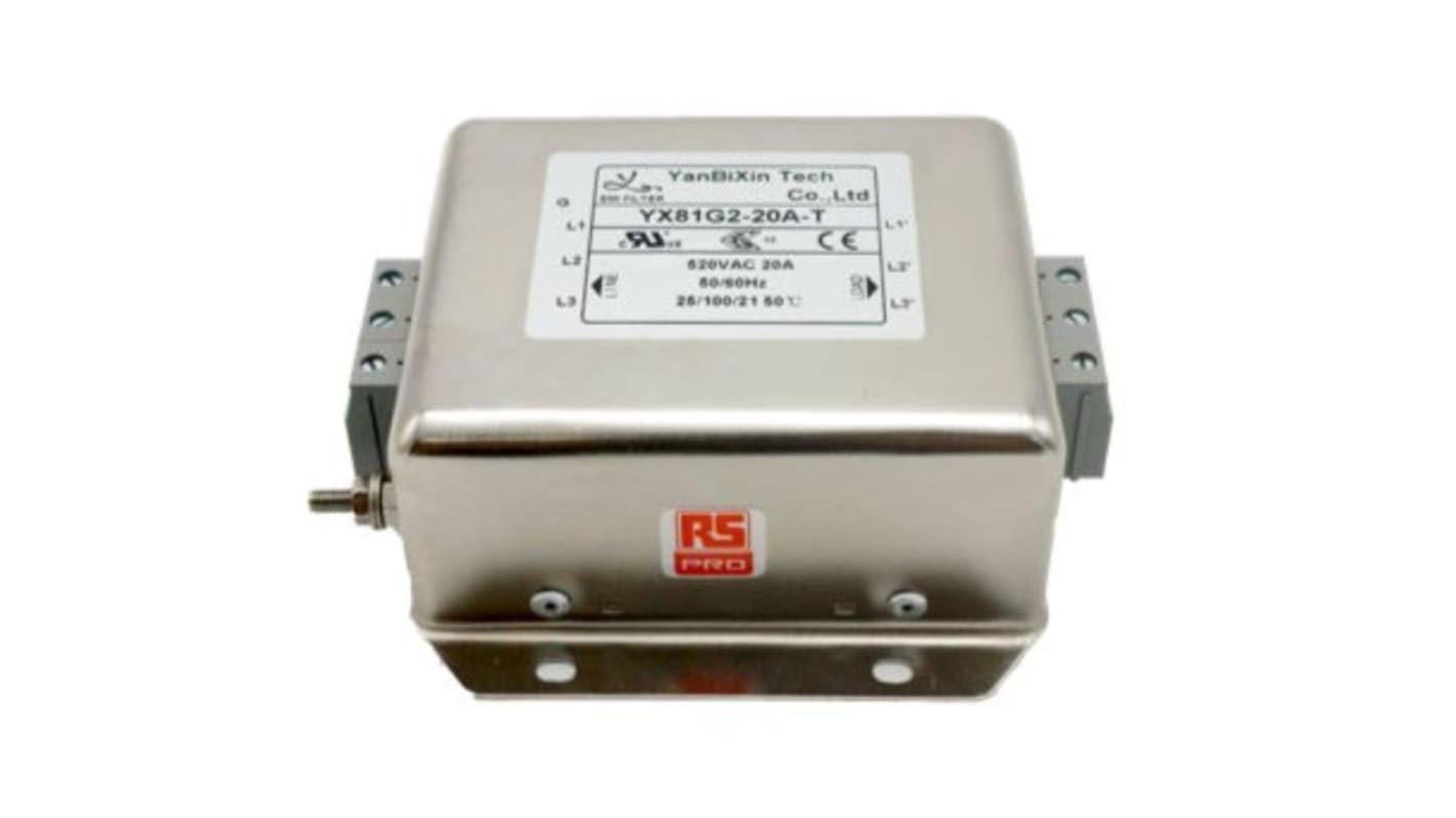 RS PRO 20A 300/520 V ac 50/60Hz, Chassis Mount Power Line Filter, Terminal Block 3 Phase