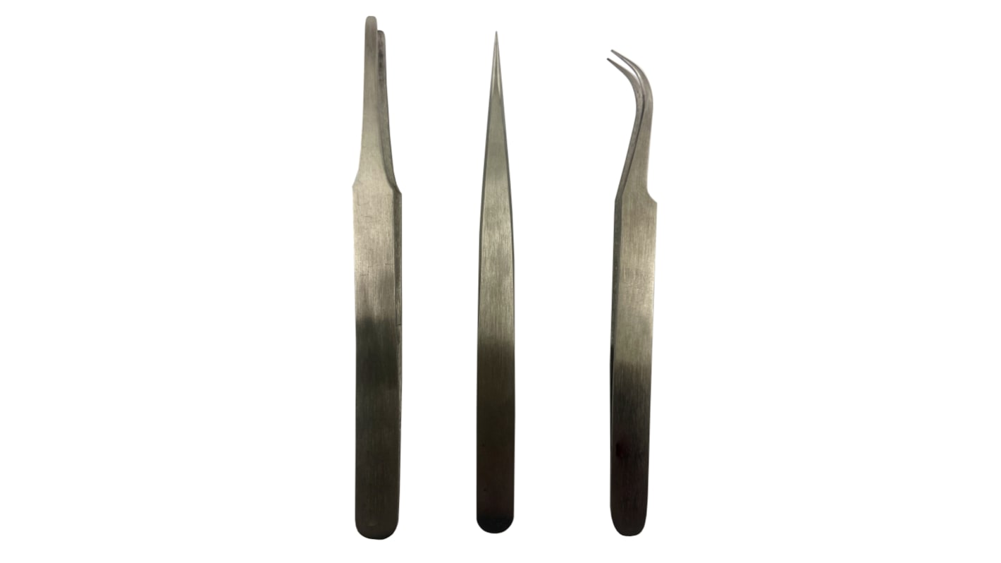 RS PRO 120 mm, Low Carbon Austenitic Steel, Bent; Flat; Rounded, Tweezer Set