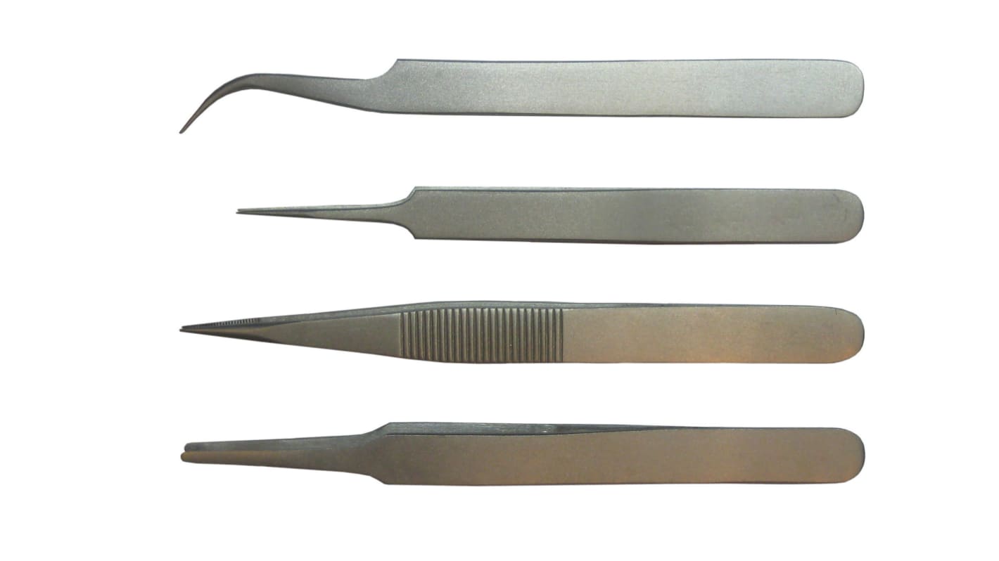 RS PRO 110 mm, 120 mm, Low Carbon Austenitic Steel, Curved, Fine, Rounded, Sharp, Tweezer Set