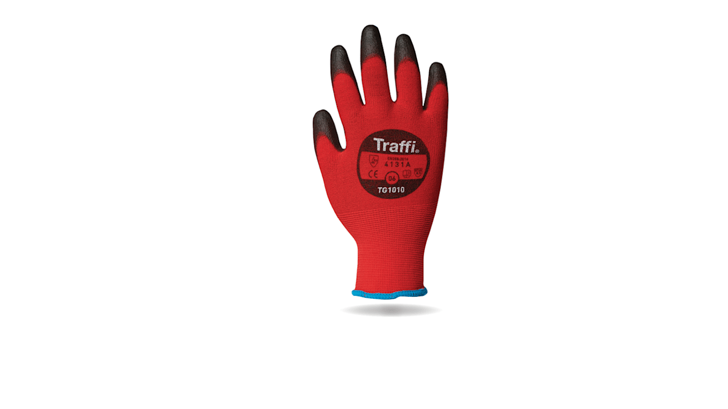 Guantes de uso general de Nylon Negro/rojo Traffi, talla 7, S, con recubrimiento de Poliuretano, Resistente a la