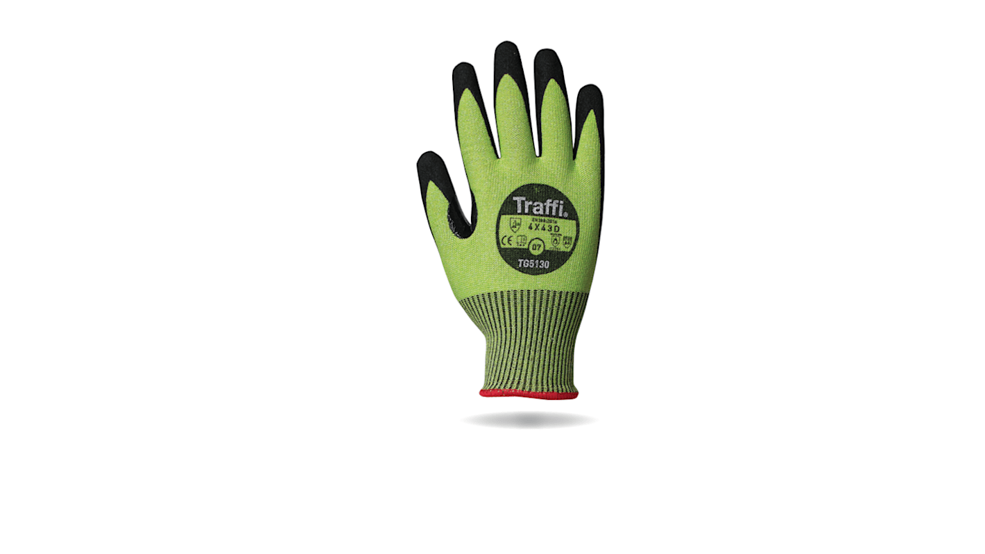 Guantes impermeables al aceite de Aramida, Elastano, Fibra de vidrio, Poliéster Negro, verde Traffi, talla 6, XS, con