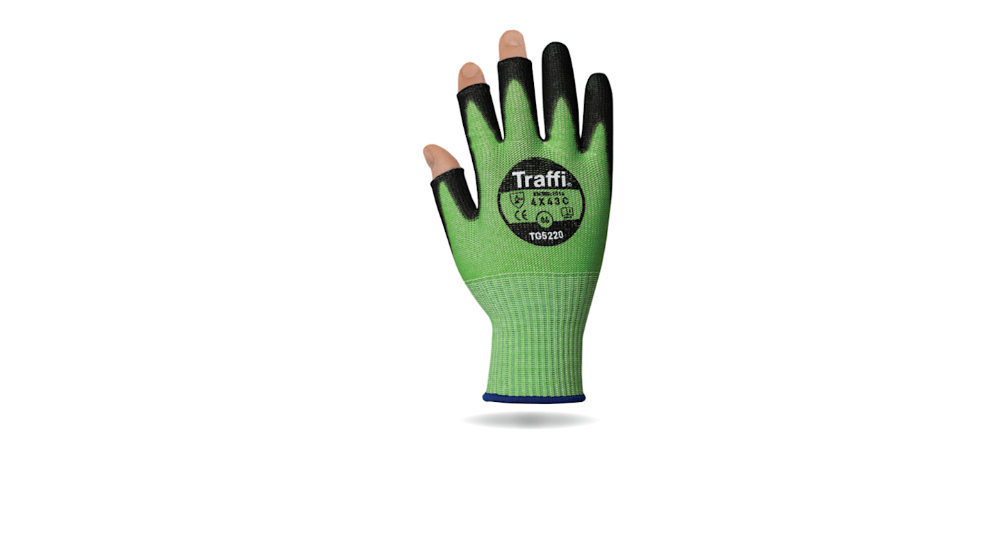 Guantes de uso general de Elastano, Fibra de vidrio, HPPE, Poliamida Negro, verde Traffi, talla 8, M, con recubrimiento