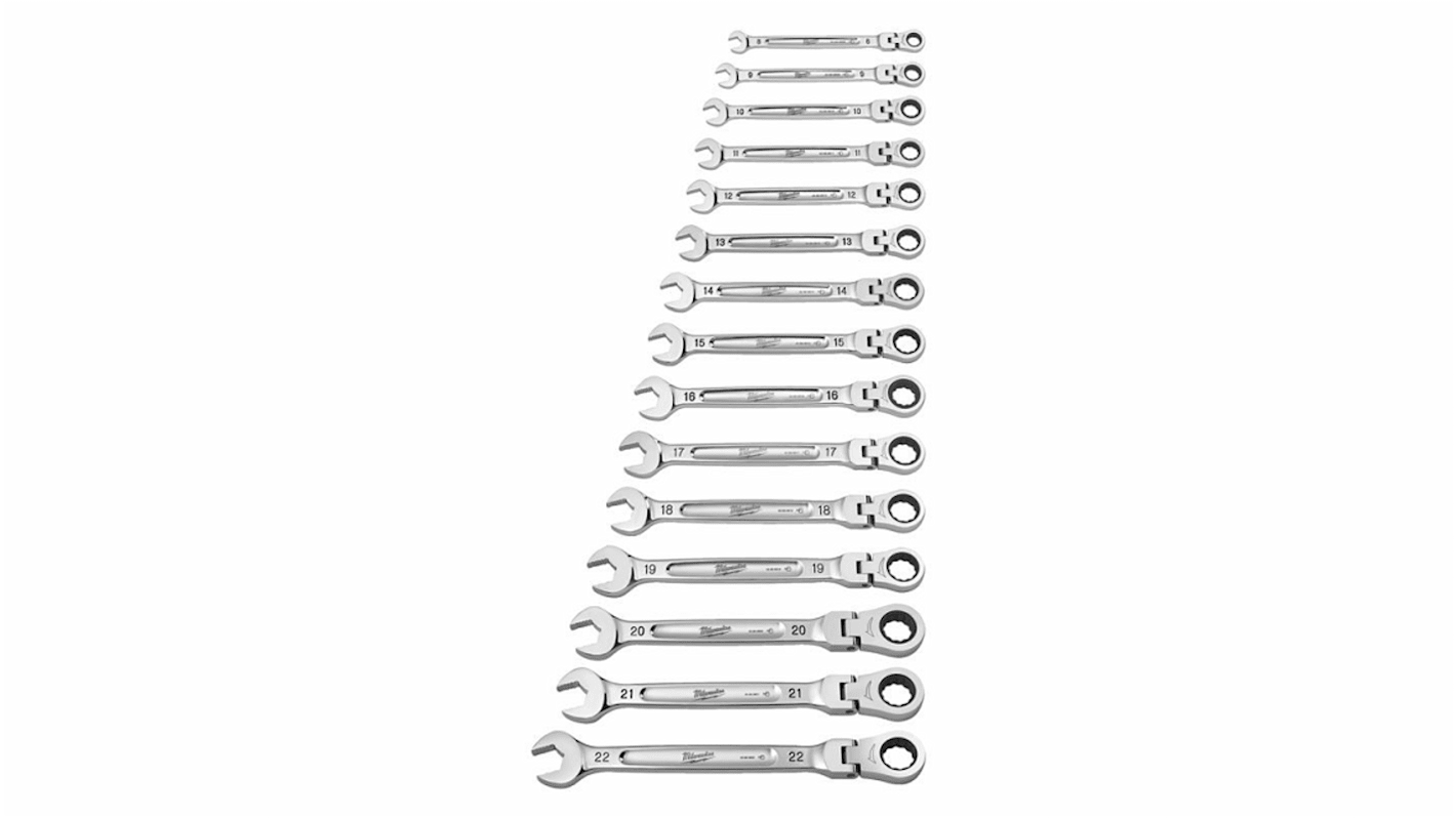 Milwaukee 15-Piece Ratchet Spanner Set, 8 mm, 9 mm, 10 mm, 11 mm, 12 mm, 13 mm, 14 mm, 15 mm, 16 mm, 17 mm, 18 mm, 19