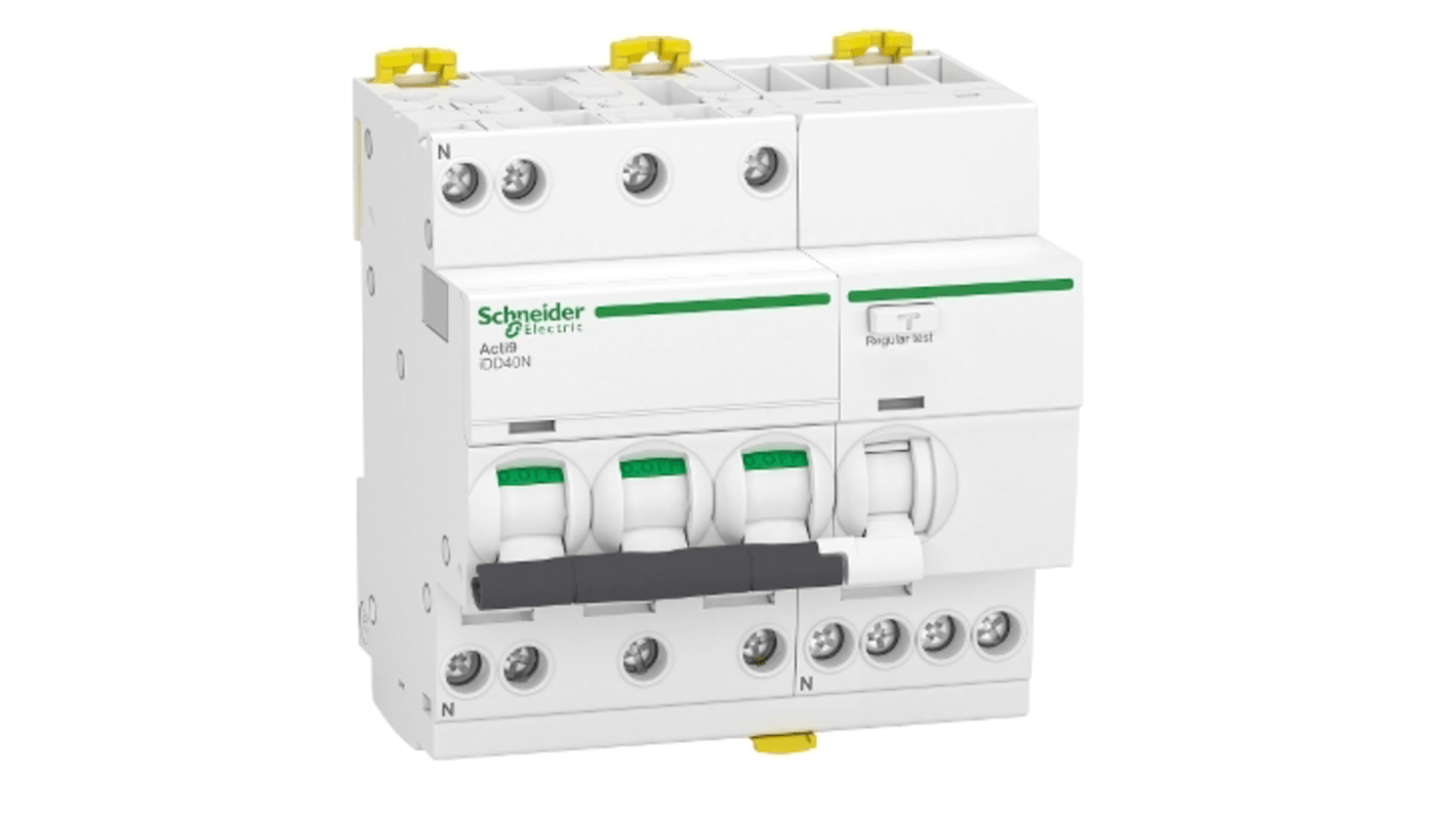 Disjoncteur différentiel magnéto-thermique Schneider Electric 40A 3P+N, sensibilité 30mA Type C, Acti9 iDD40N