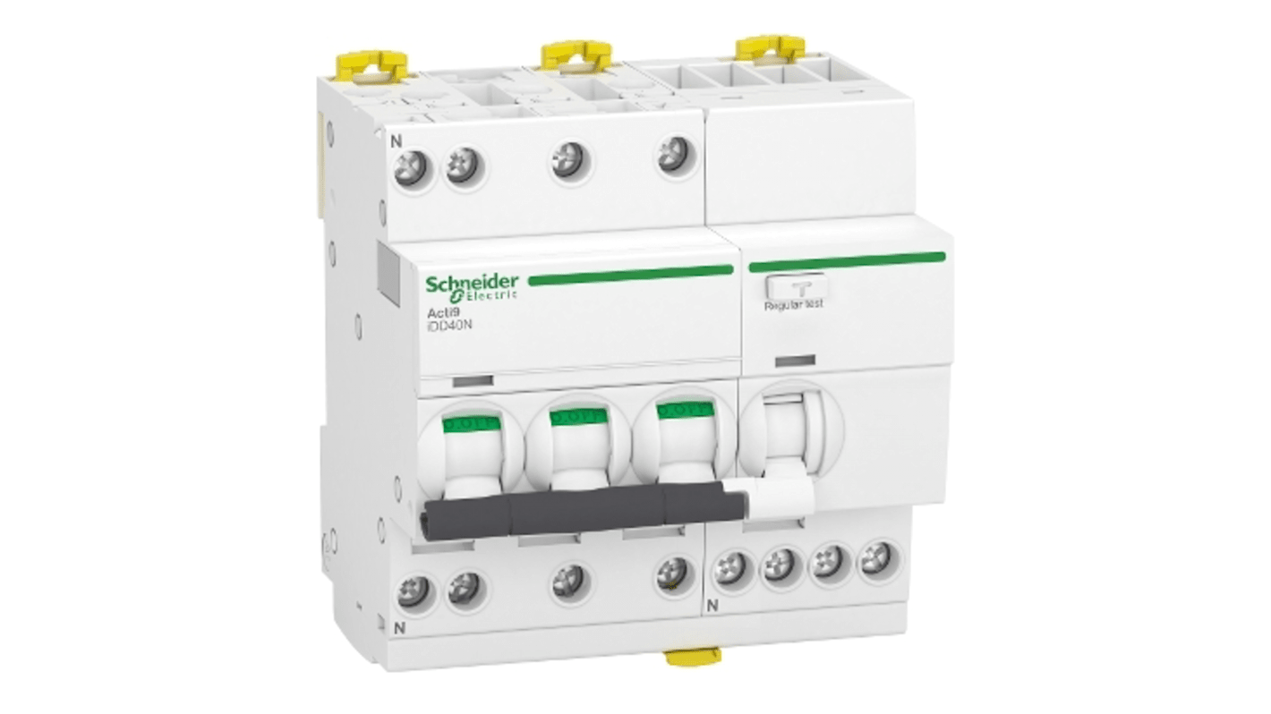 Schneider Electric RCBO, 16A Current Rating, 3P+N Poles, 30mA Trip Sensitivity, Type C, Acti9 Range