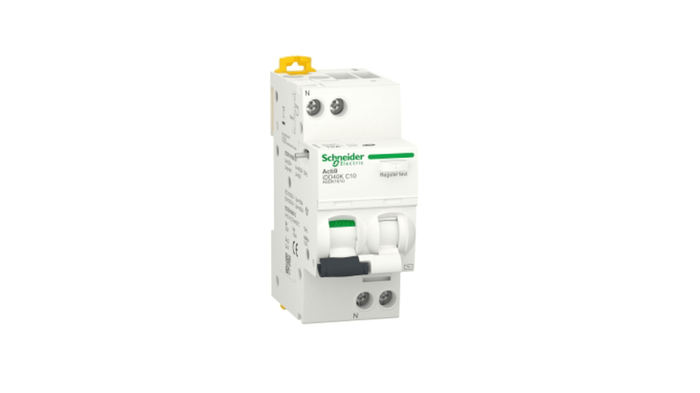 Disjoncteur différentiel magnéto-thermique Schneider Electric 10A 1P+N, sensibilité 30mA Type C, Acti9 iDD40K