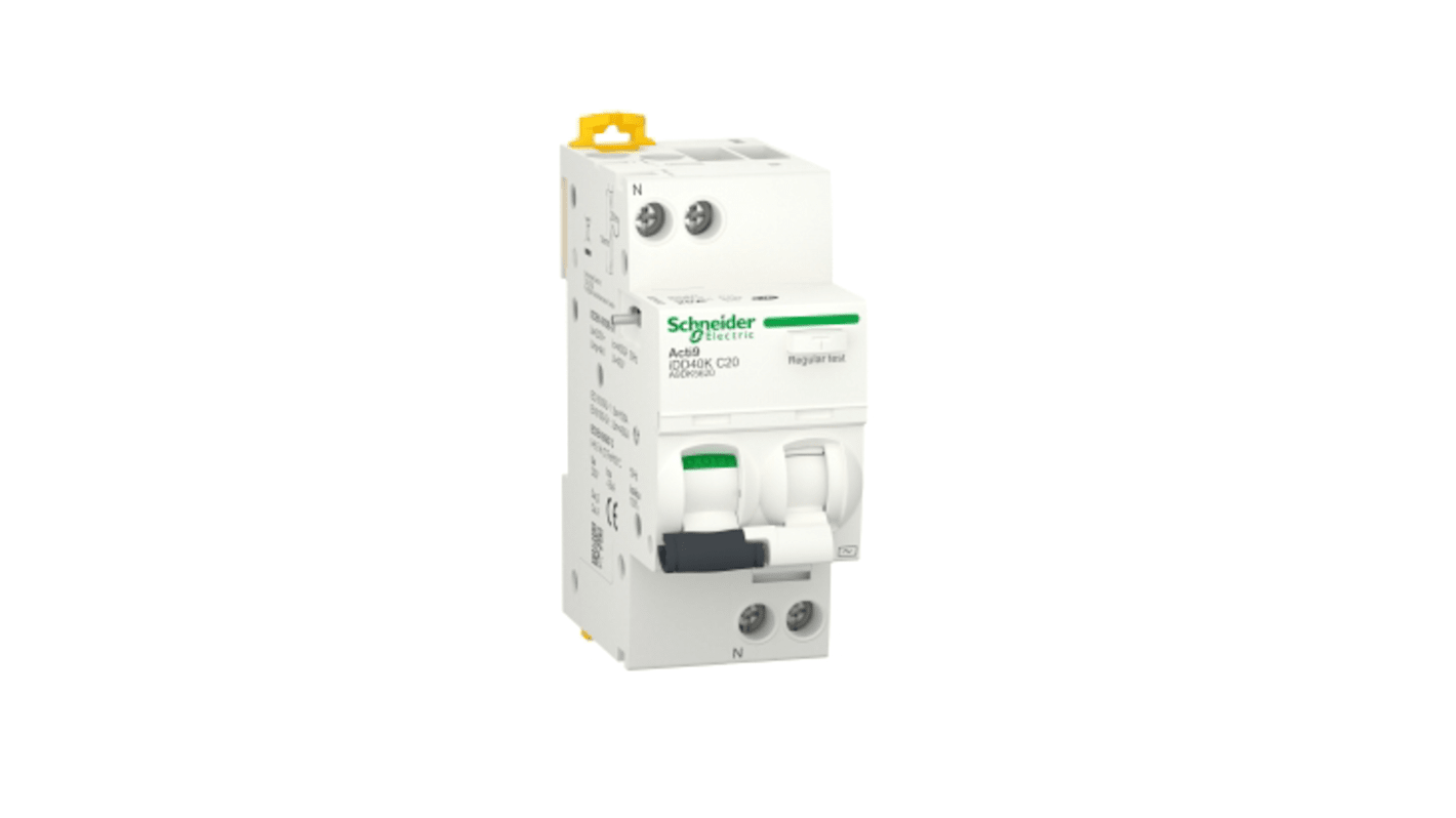 Disjoncteur différentiel magnéto-thermique Schneider Electric 20A 1P+N, sensibilité 300mA Type C, Acti9 iDD40K