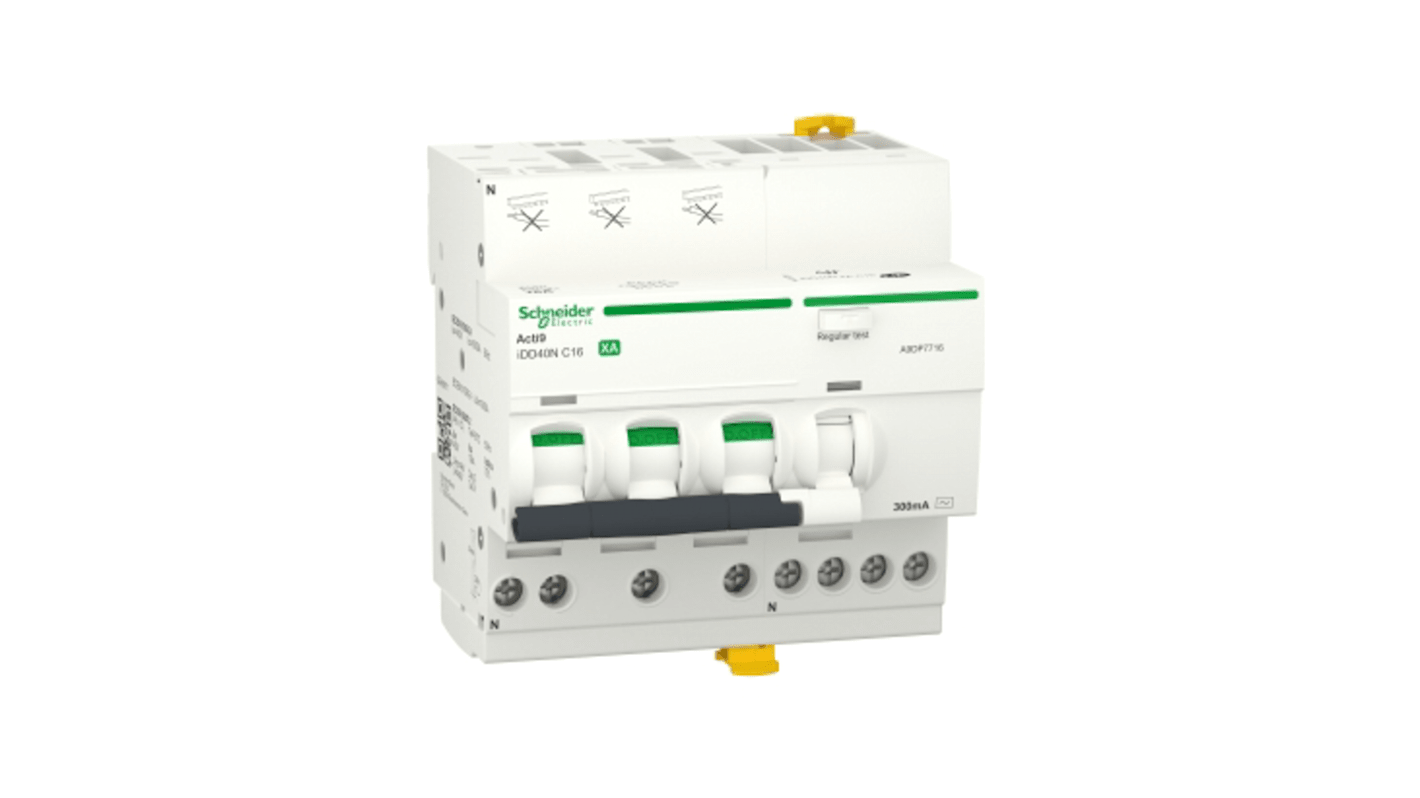 Schneider Electric RCBO, 16A Current Rating, 3P+N Poles, 300mA Trip Sensitivity, Type C, Acti9 Range