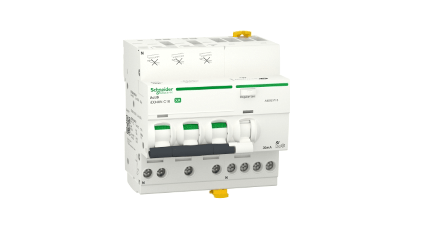 Disjoncteur différentiel magnéto-thermique Schneider Electric 16A 3P+N, sensibilité 30mA Type C, ACTI9 iDD40N XA