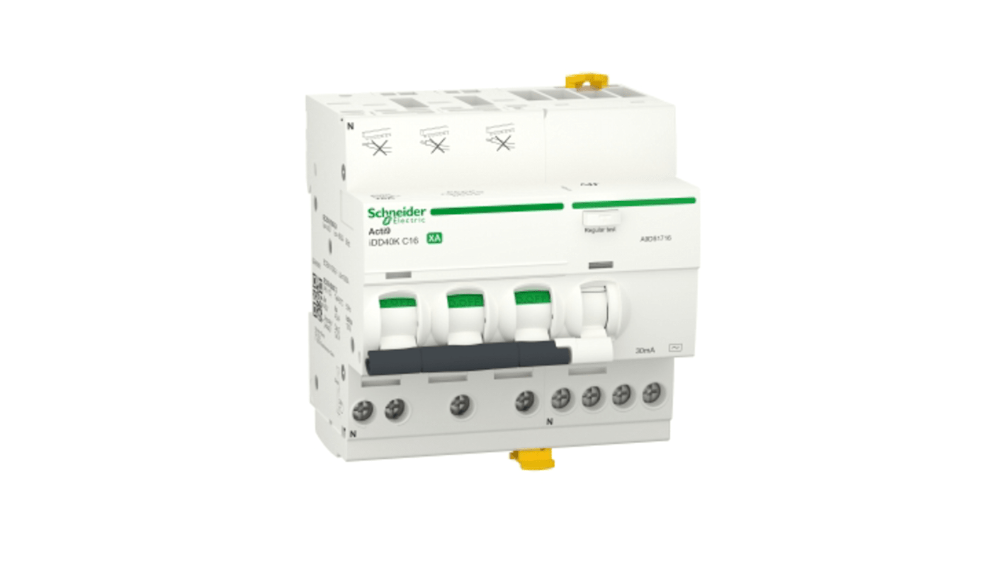 Schneider Electric RCBO, 16A Current Rating, 3P+N Poles, 30mA Trip Sensitivity, Type C, Acti9 Range