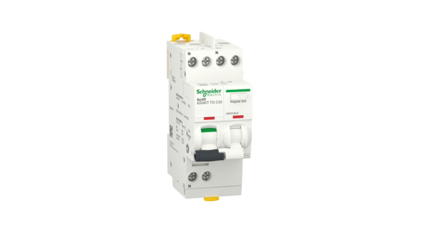 Schneider Electric RCBO, 32A Current Rating, 1P+N Poles, 30mA Trip Sensitivity, Type C, Acti9 Range