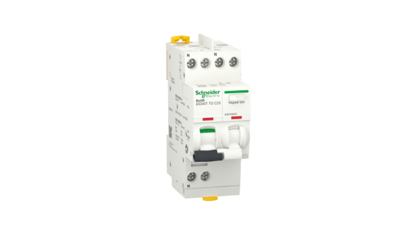 Disjoncteur différentiel magnéto-thermique Schneider Electric 25A 1P+N, sensibilité 300mA Type C, Acti9 iDD40T