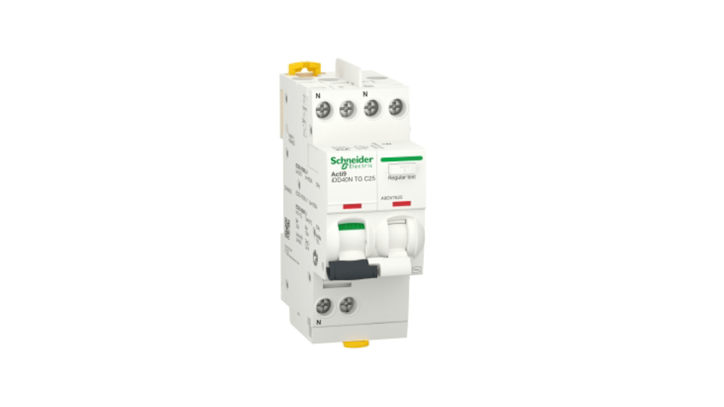 Schneider Electric RCBO, 25A Current Rating, 1P+N Poles, 300mA Trip Sensitivity, Type C, Acti9 Range