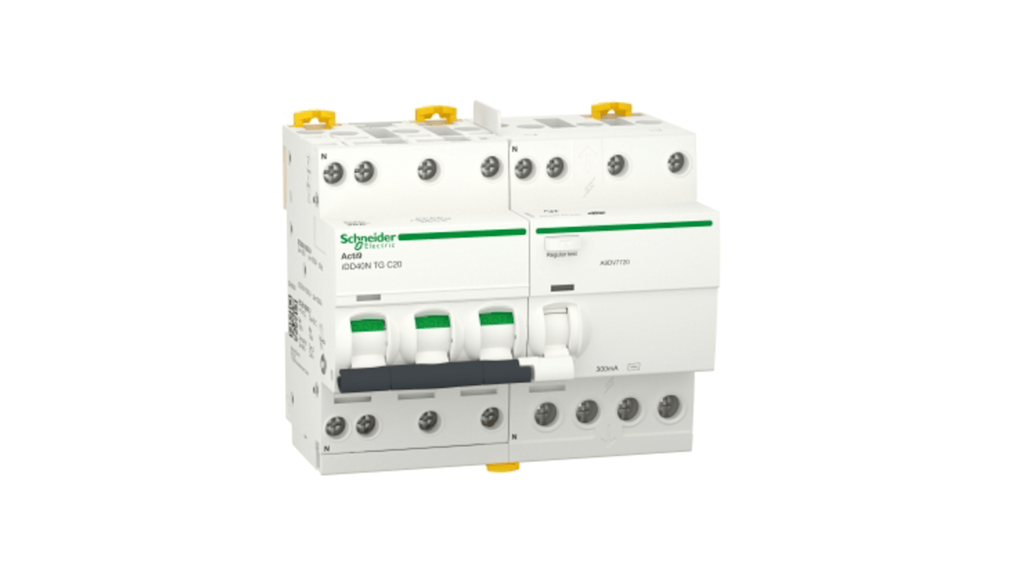 Disjoncteur différentiel magnéto-thermique Schneider Electric 20A 3P+N, sensibilité 300mA Type C, Acti9 iDD40N