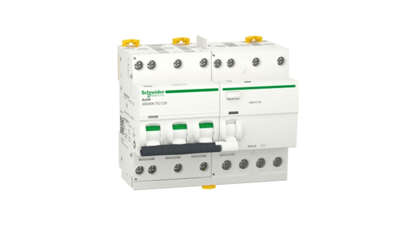 Disjoncteur différentiel magnéto-thermique Schneider Electric 25A 3P+N, sensibilité 300mA Type C, Acti9 iDD40N