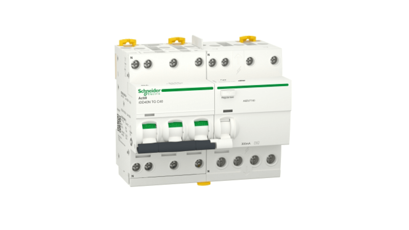 Disjoncteur différentiel magnéto-thermique Schneider Electric 40A 3P+N, sensibilité 300mA Type C, Acti9 iDD40N