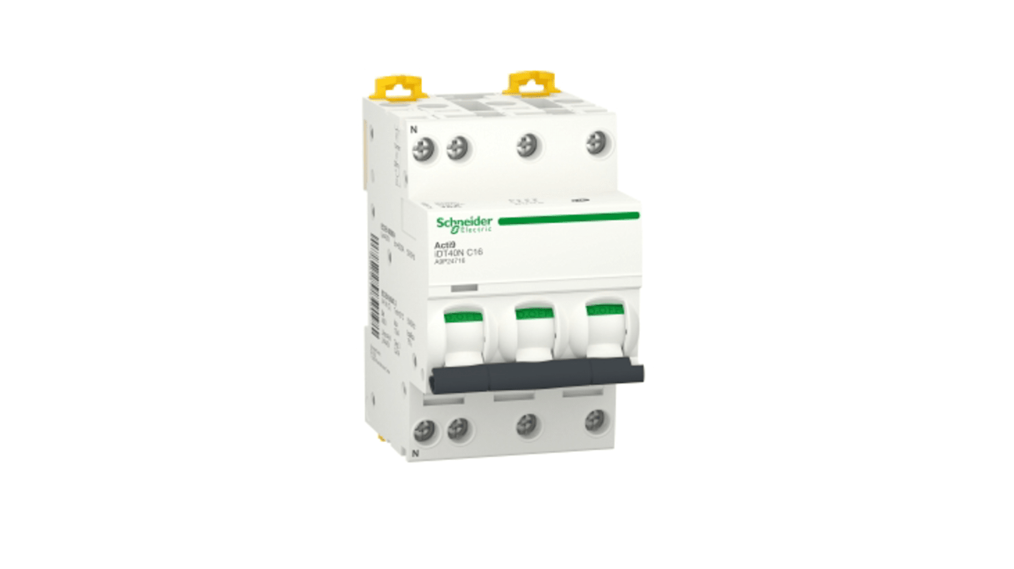 Schneider Electric Acti 9 Acti9 iDT40N MCB, 3P+N, 16A Curve C, 400V AC