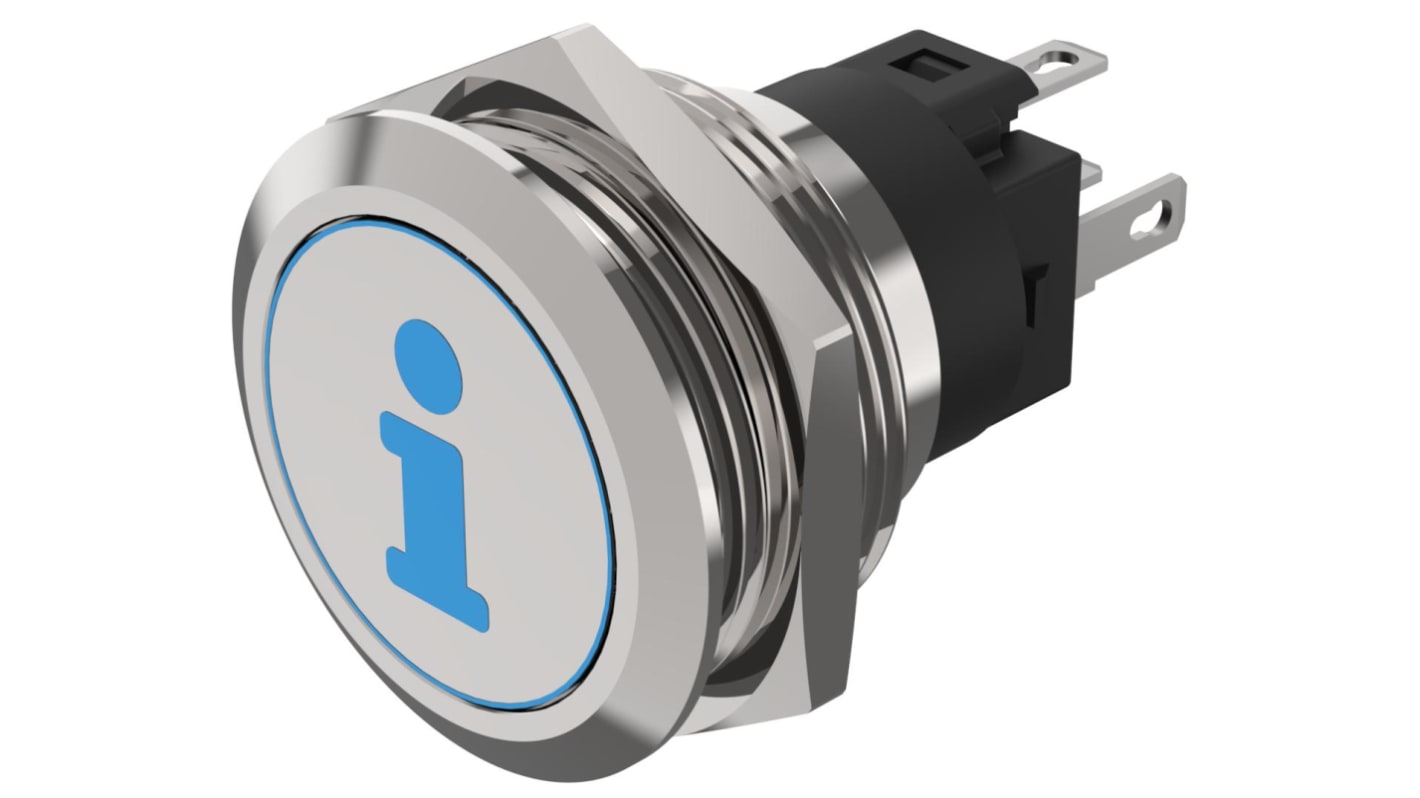 EAO 82 Series Illuminated Push Button Switch, Momentary, Panel Mount, 22.3mm Cutout, SPDT, Blue LED, 240V, IP65, IP67