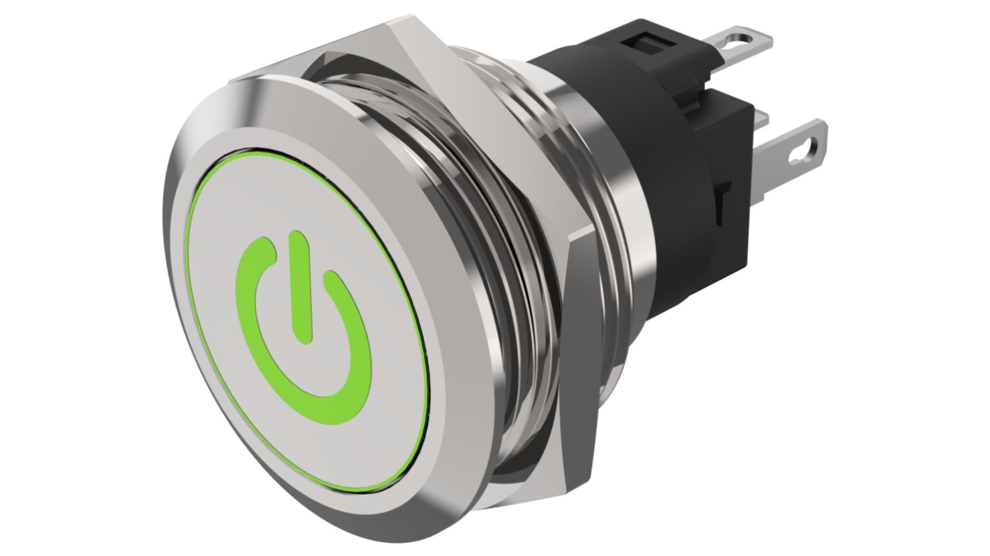 EAO 82 Series Illuminated Push Button Switch, Momentary, Panel Mount, 22.3mm Cutout, SPDT, Green LED, 240V, IP65, IP67