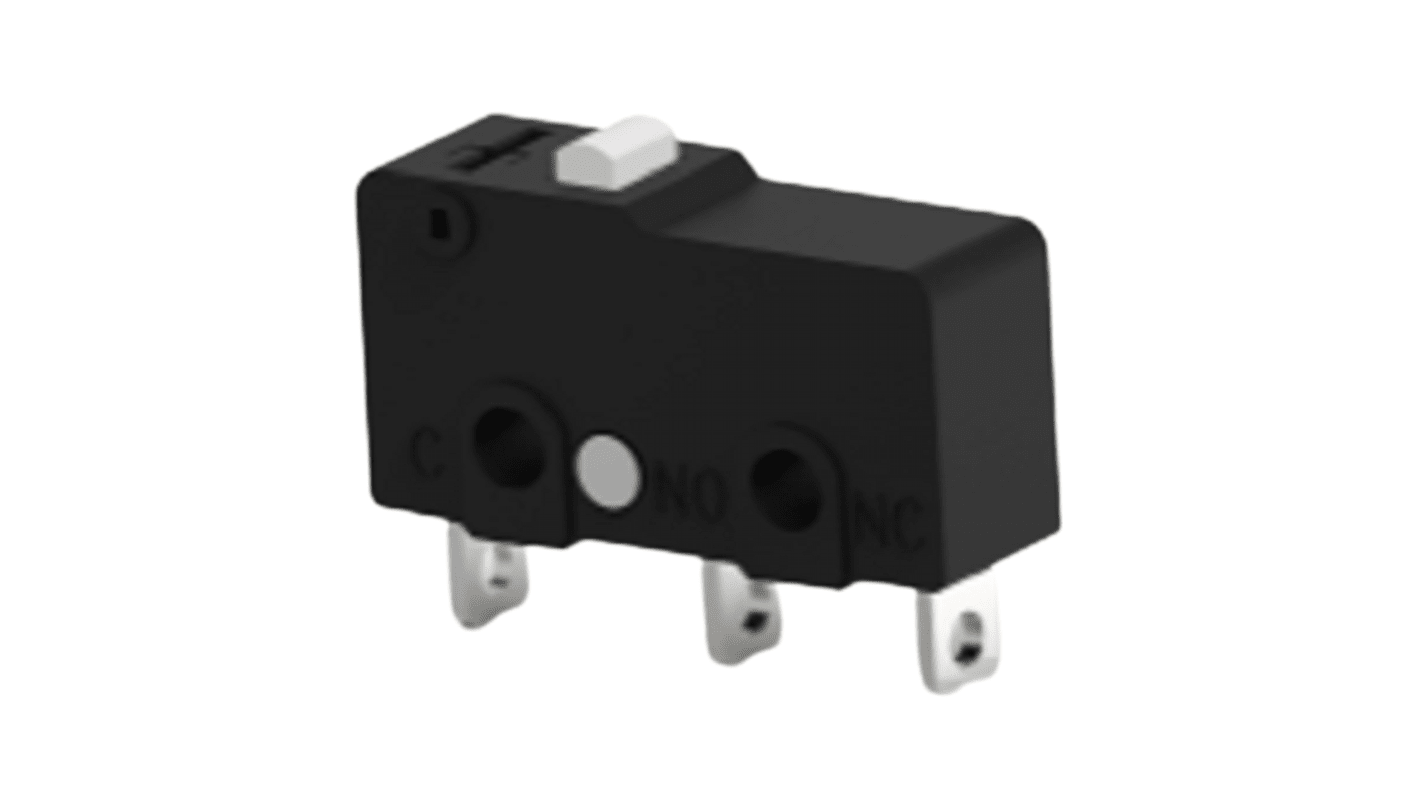 TE Connectivity Pin Plunger Snap Action Micro Switch, Solder Terminal, 3A at 30VDC, 3A at 250VAC, 5A at 125VAC, SPDT