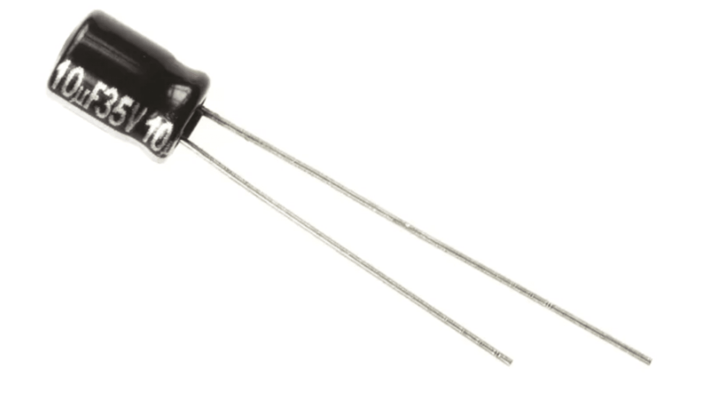 Condensador electrolítico Panasonic serie GA, 10μF, ±20%, 35V dc, Radial, Orificio pasante, 5 x 7mm, paso 2.5mm