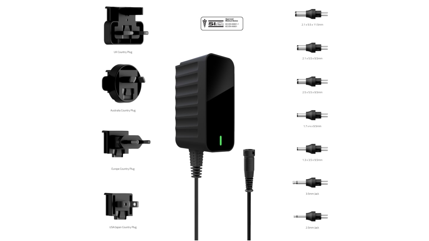 Adaptador AC/DC Friwo 100 → 240V ac, 1A, 12W, Australia, Europa, UK, US, , Aprobación médica