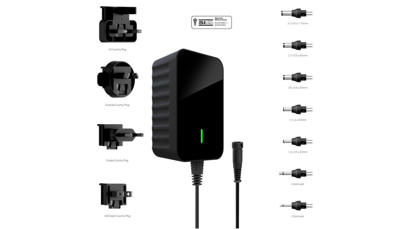 Adaptador AC/DC Friwo 100 → 240V ac, 1.25A, 30W, Australia, Europa, UK, US, , Aprobación médica